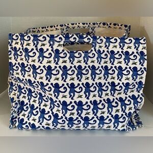 NWOT Roberta Roller Rabbit Blue Monkey Print Canvas Storage Box Bag Large